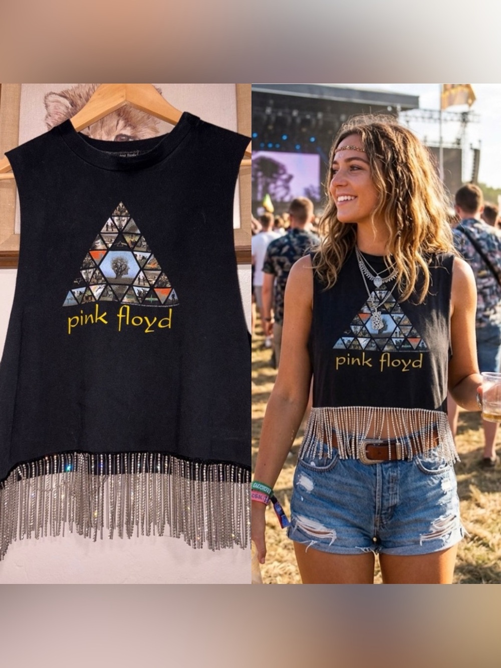 Black Pink Floyd Fringe Tank Top- HANDMADE UPCYCLE ♻️